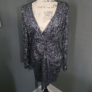 Sparkling Black And Silver Sequin Midi Dress